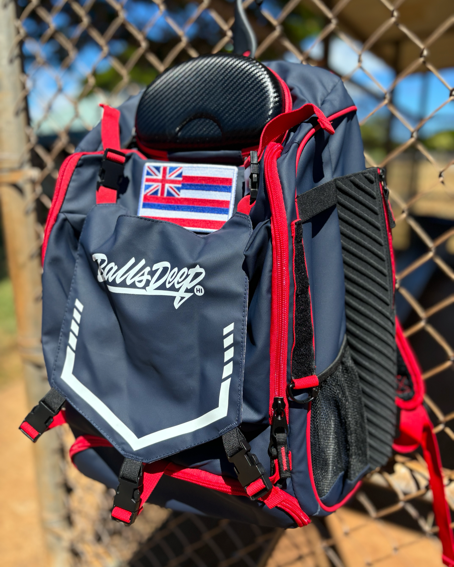 Balls Deep HI Navy/Red Baseball Backpack